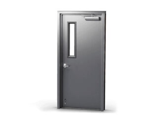 Single grey coloured hollow steel door used for commercial purposes.
