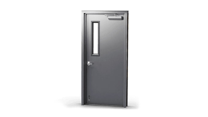 Single grey coloured hollow steel door used for commercial purposes.